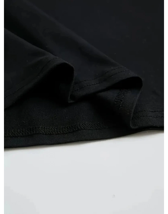 Büyük Boy Ayıcık Baskılı Bisiklet Yaka T-Shirt- Siyah -