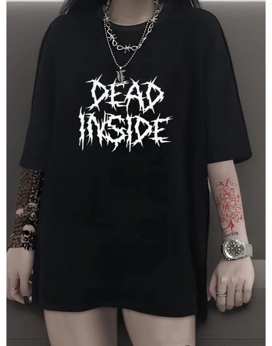 Canlı Harf Baskılı Büyük Boy Oversize Kısa Kollu Tişört - Siyah -