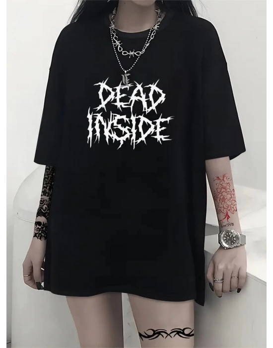 Canlı Harf Baskılı Büyük Boy Oversize Kısa Kollu Tişört - Siyah -