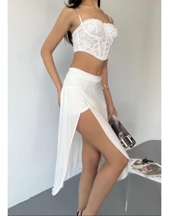 Çepli Şortlu Yırtmaçlı Etek - Beyaz -