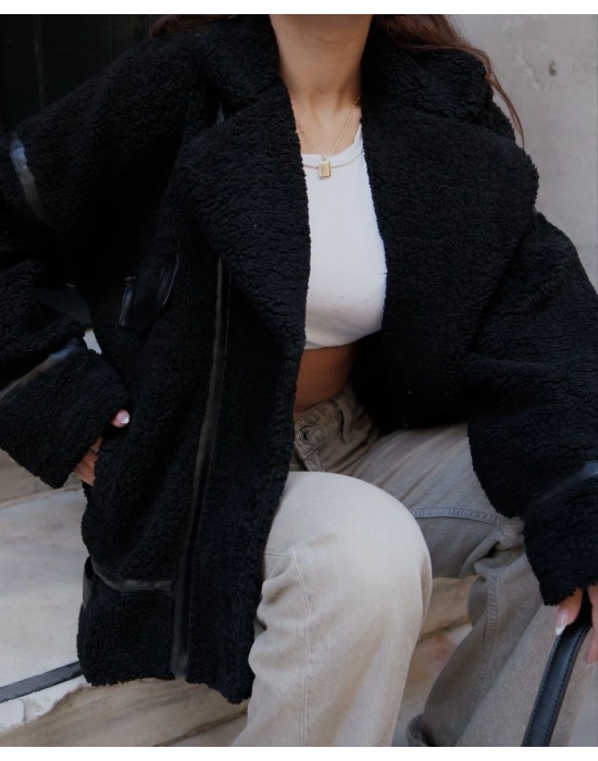 Cıt Cıt Detaylı Peluş Mont Ceket - Siyah -