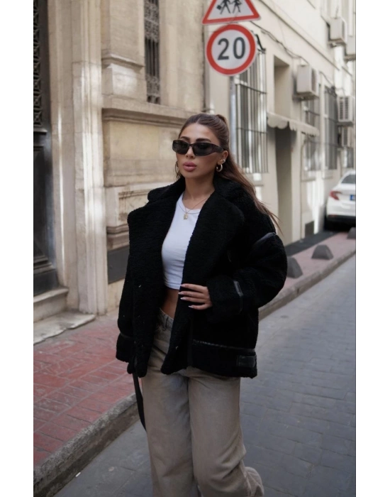 Cıt Cıt Detaylı Peluş Mont Ceket - Siyah -