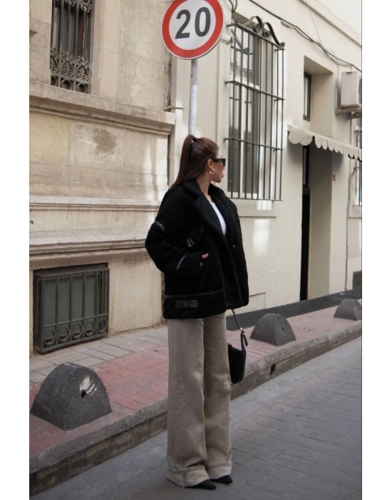 Cıt Cıt Detaylı Peluş Mont Ceket - Siyah -