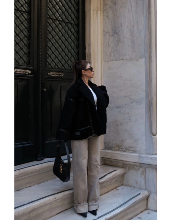 Cıt Cıt Detaylı Peluş Mont Ceket - Siyah -