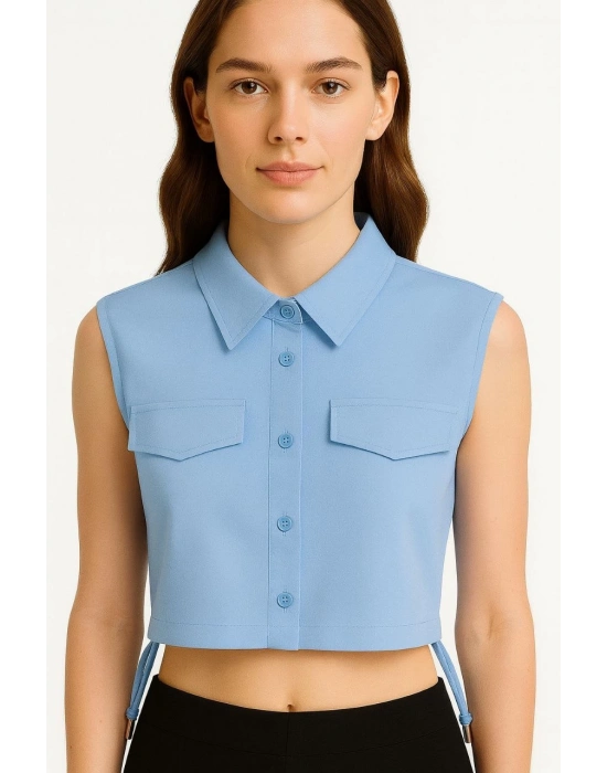 Crop Poplin Gömlek Yalancı Cepli, Ayarlanabilir Yan Kordonlu, - Bebe Mavisi -