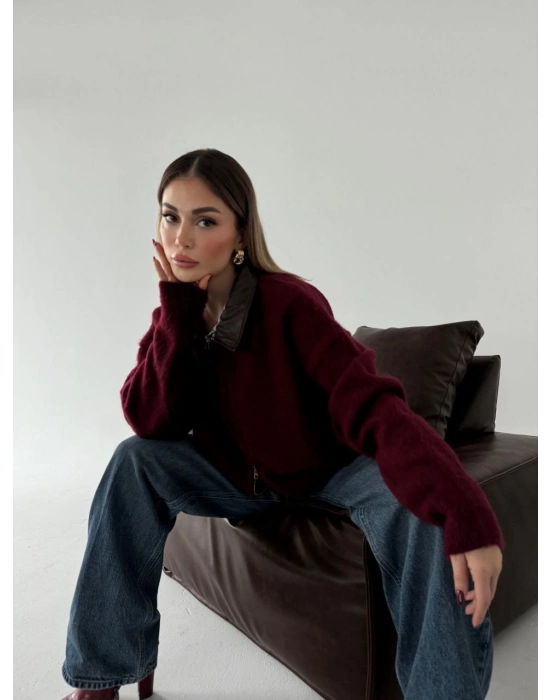 Deri Yakalı Pamuk dokulu Çift Taraflı Çalışan Fermuar Ceket - Bordo -