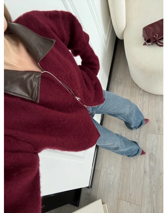 Deri Yakalı Pamuk dokulu Çift Taraflı Çalışan Fermuar Ceket - Bordo -