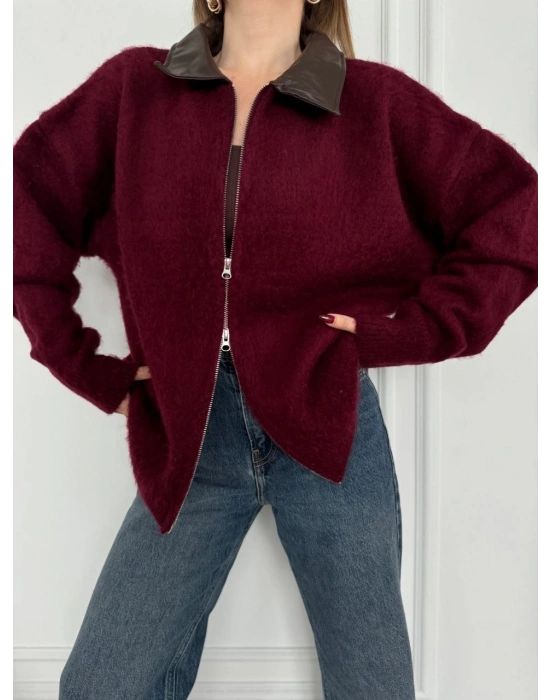 Deri Yakalı Pamuk dokulu Çift Taraflı Çalışan Fermuar Ceket - Bordo -