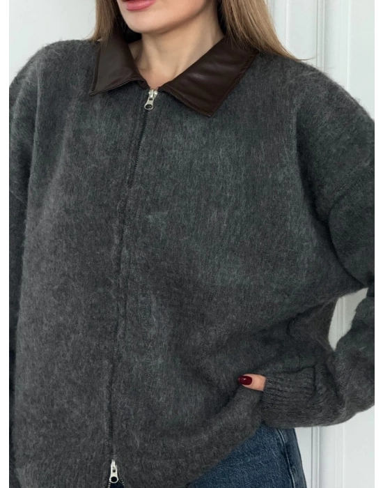 Deri Yakalı Pamuk dokulu Çift Taraflı Çalışan Fermuar Ceket - Füme -