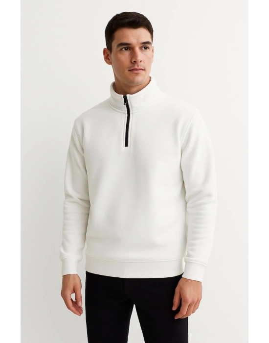 Dik Yaka Sweatshirt Dik Yaka Yarım Fermuarlı 3 İplik Şardonlu Pamuk Kumaş - Beyaz -