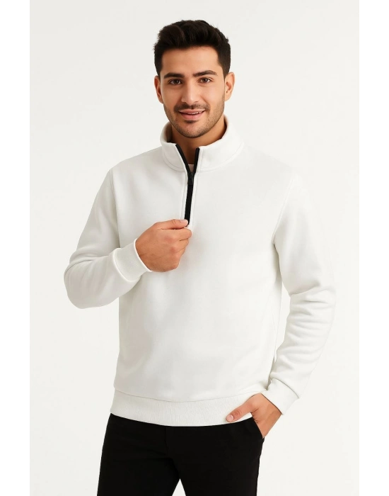 Dik Yaka Sweatshirt Dik Yaka Yarım Fermuarlı 3 İplik Şardonlu Pamuk Kumaş - Beyaz -