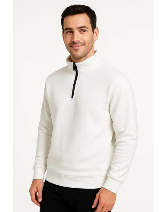 Dik Yaka Sweatshirt Dik Yaka Yarım Fermuarlı 3 İplik Şardonlu Pamuk Kumaş - Beyaz -