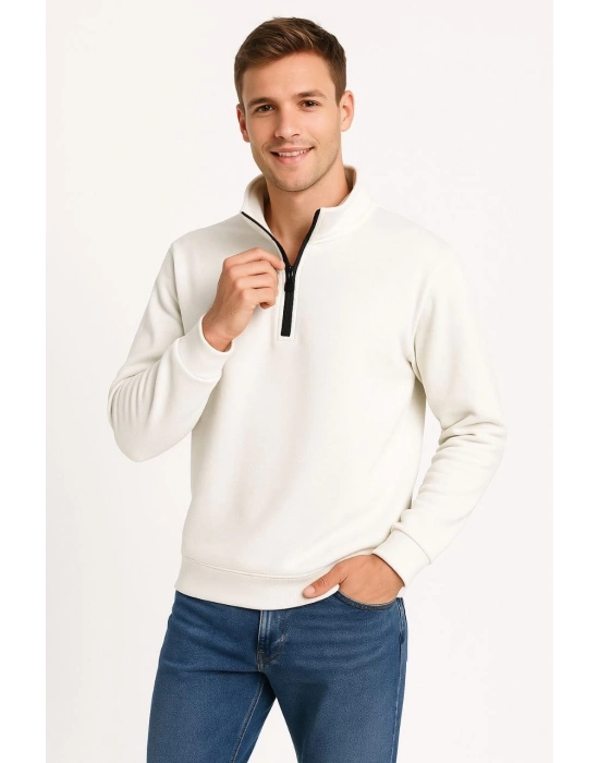 Dik Yaka Sweatshirt Dik Yaka Yarım Fermuarlı 3 İplik Şardonlu Pamuk Kumaş - Beyaz -