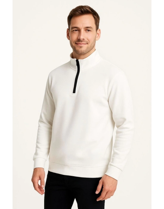 Dik Yaka Sweatshirt Dik Yaka Yarım Fermuarlı 3 İplik Şardonlu Pamuk Kumaş - Beyaz -