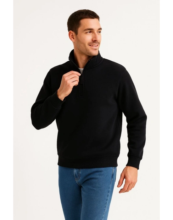 Dik Yaka Sweatshirt Dik Yaka Yarım Fermuarlı 3 İplik Şardonlu Pamuk Kumaş - Siyah -