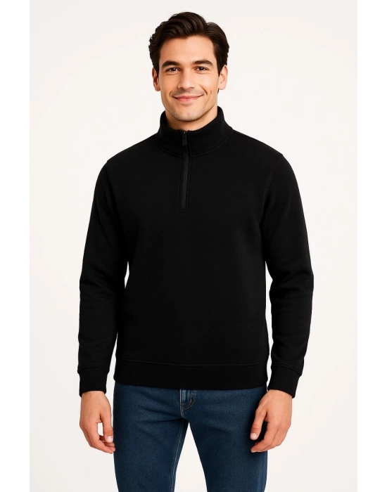 Dik Yaka Sweatshirt Dik Yaka Yarım Fermuarlı 3 İplik Şardonlu Pamuk Kumaş - Siyah -