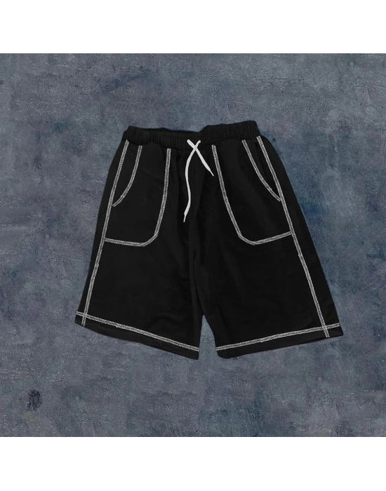 Dikişli Cepli Oversize Şort - Siyah -