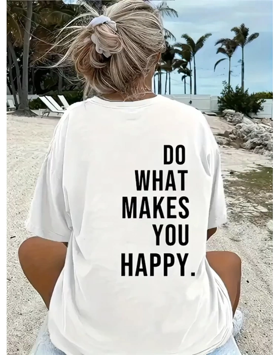 Do What Makes You Happy   Linemen Oversize Baskılı T-shirt - Beyaz -
