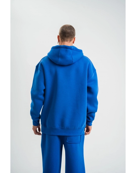 Double Oversize Kapşonlu Basic SweatShirt - Mavi -