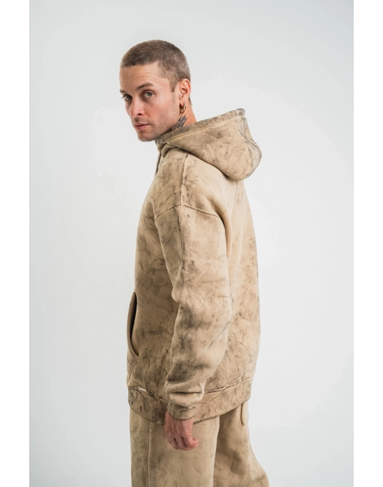 Double Oversize Kapşonlu Yıkamalı SweatShirt - Bej -