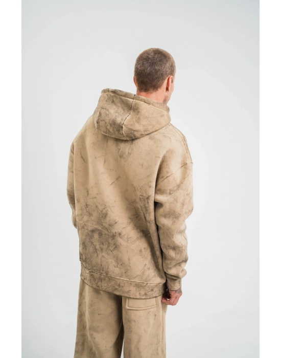 Double Oversize Kapşonlu Yıkamalı SweatShirt - Bej -