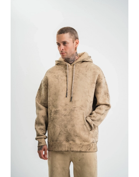 Double Oversize Kapşonlu Yıkamalı SweatShirt - Bej -