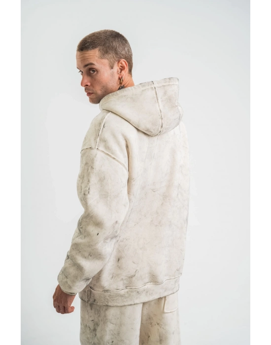 Double Oversize Kapşonlu Yıkamalı SweatShirt - Krem -