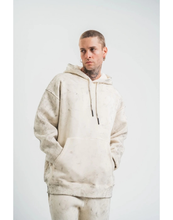 Double Oversize Kapşonlu Yıkamalı SweatShirt - Krem -