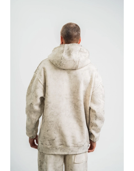 Double Oversize Kapşonlu Yıkamalı SweatShirt - Krem -