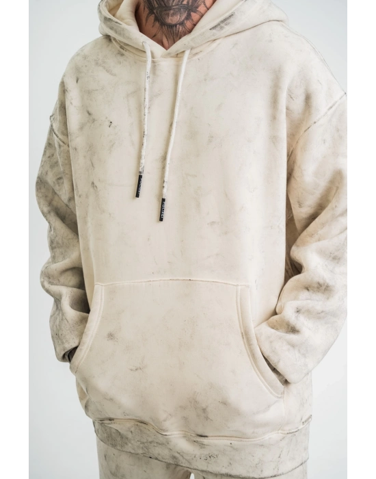 Double Oversize Kapşonlu Yıkamalı SweatShirt - Krem -