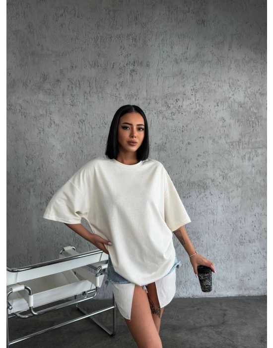 Düz Biskilet Yaka Oversize T-shirt - Beyaz -