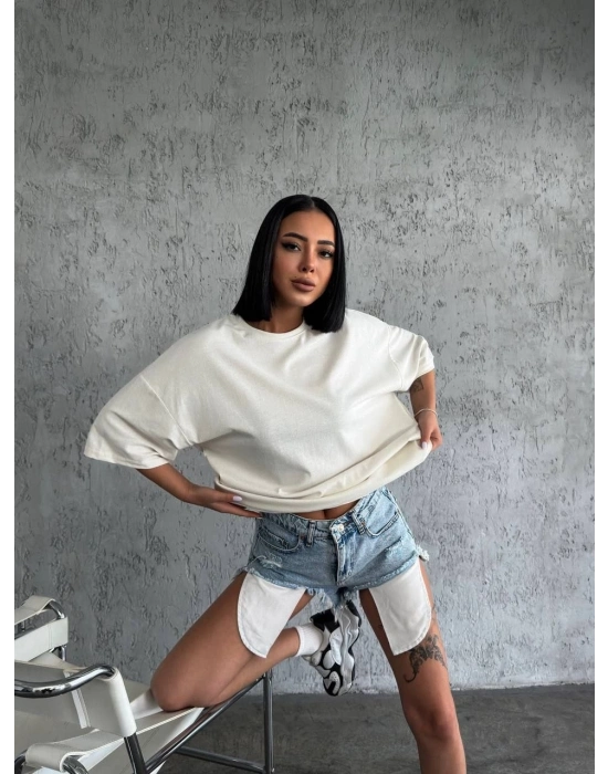 Düz Biskilet Yaka Oversize T-shirt - Beyaz -