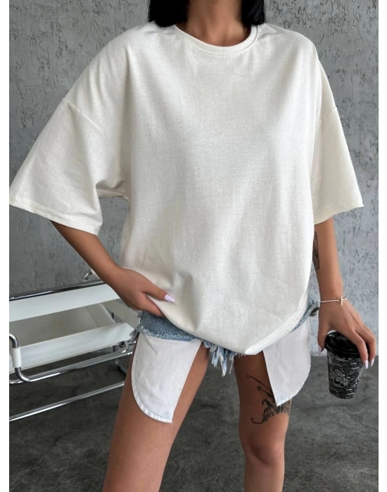 Düz Biskilet Yaka Oversize T-shirt - Beyaz -