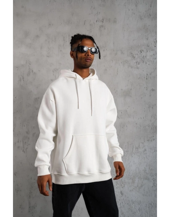 Düz Kapüşonlu Sweat - Beyaz -