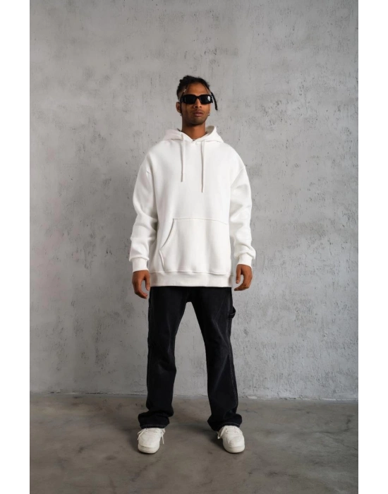 Düz Kapüşonlu Sweat - Beyaz -