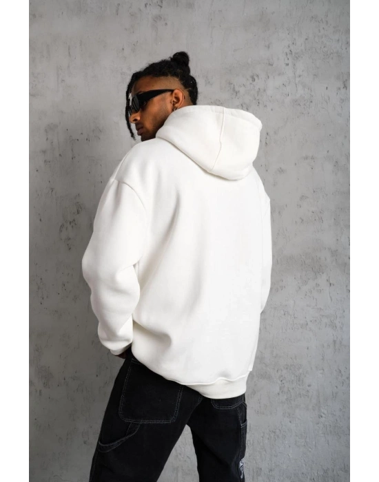 Düz Kapüşonlu Sweat - Beyaz -