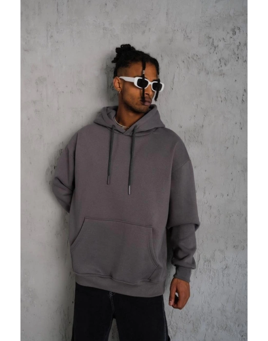 Düz Kapüşonlu Sweat - Gri -