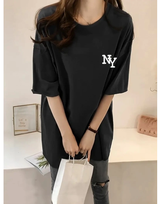 Eğlenceli Harf NY Baskılı Bisiklet Yaka Tişört - Siyah -
