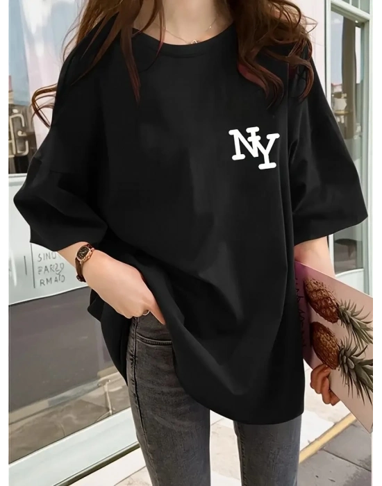 Eğlenceli Harf NY Baskılı Bisiklet Yaka Tişört - Siyah -