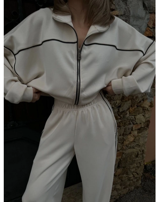 Fermuarlı Eşofman Pantolon İkili Takım - Beyaz -