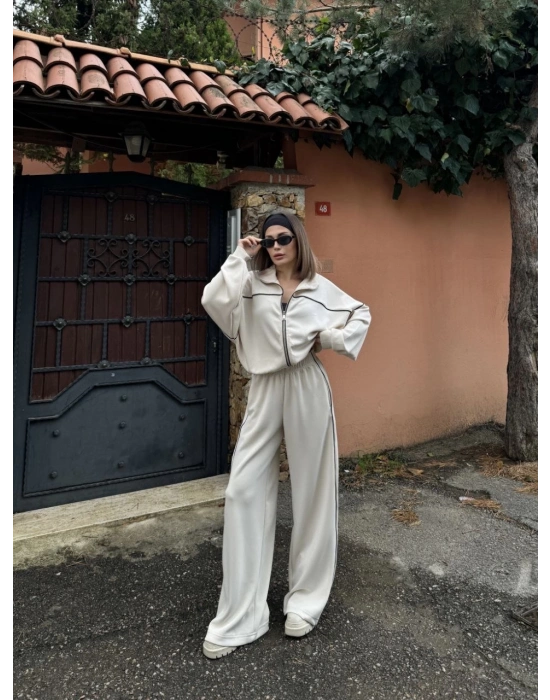 Fermuarlı Eşofman Pantolon İkili Takım - Beyaz -