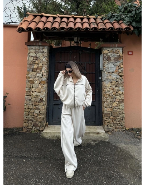 Fermuarlı Eşofman Pantolon İkili Takım - Beyaz -