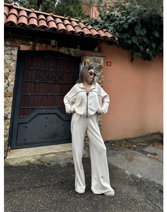 Fermuarlı Eşofman Pantolon İkili Takım - Beyaz -