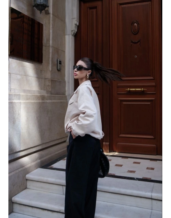 Fermuarlı Gömlek Yaka Bomber Ceket - Beyaz -