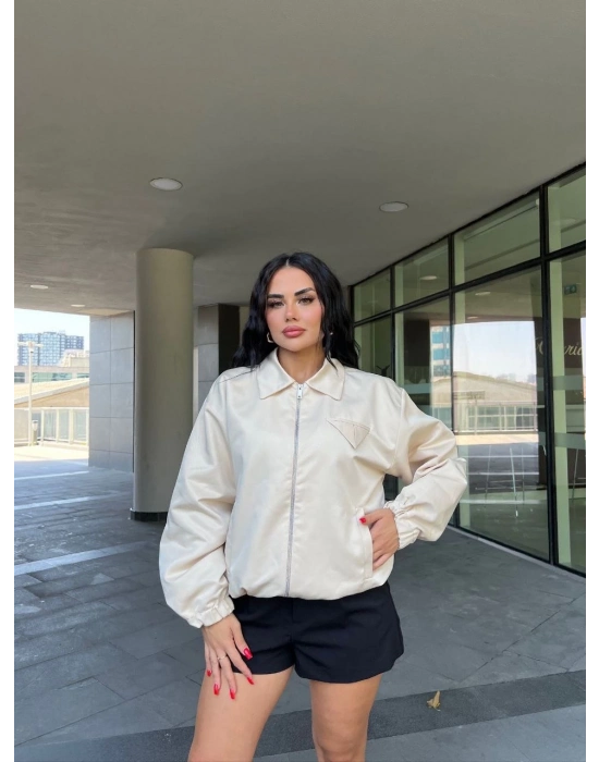 Fermuarlı Gömlek Yaka Bomber Ceket - Beyaz -