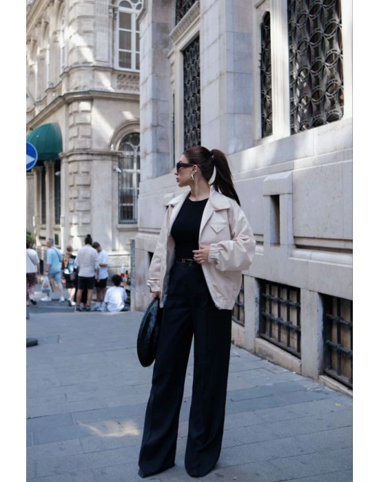 Fermuarlı Gömlek Yaka Bomber Ceket - Beyaz -