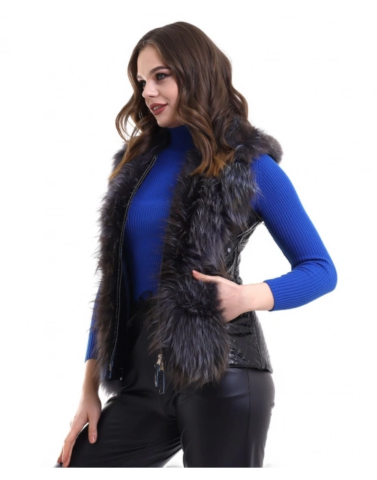 Fermuarlı Koyun Derisi Tilki Kürkü - Siyah -
