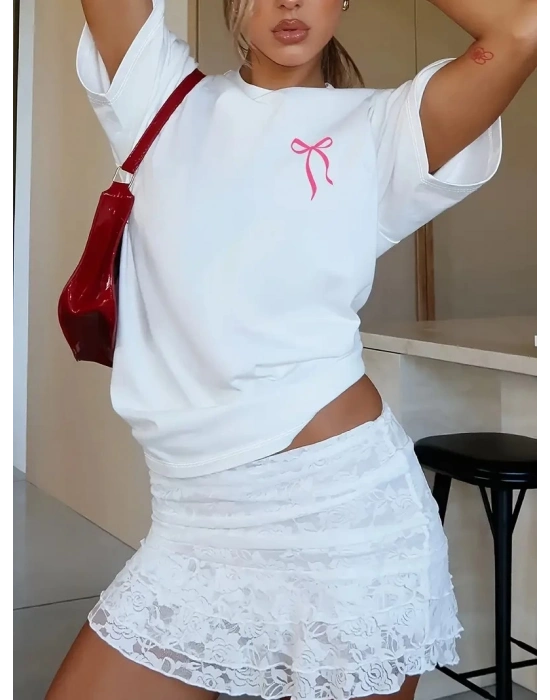 Fiyonk Ön Arka Baskılı Oversize Bisiklet Yaka T-shirt Yazlık - Beyaz -