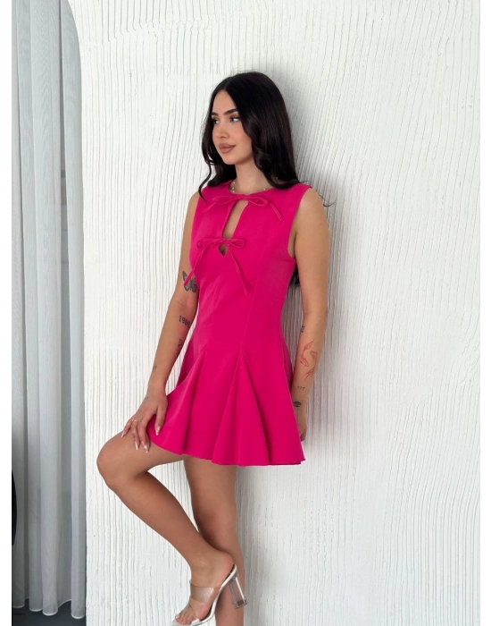 Göğüs Bağlamalı Kolsuz Mini Boy Elbise - Pembe -