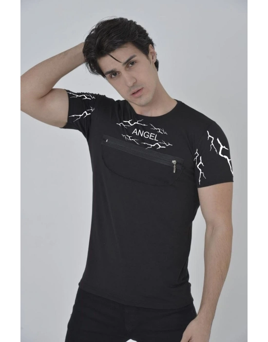 Göğüs Fermuarlı Baskılı T-Shirt - Siyah -